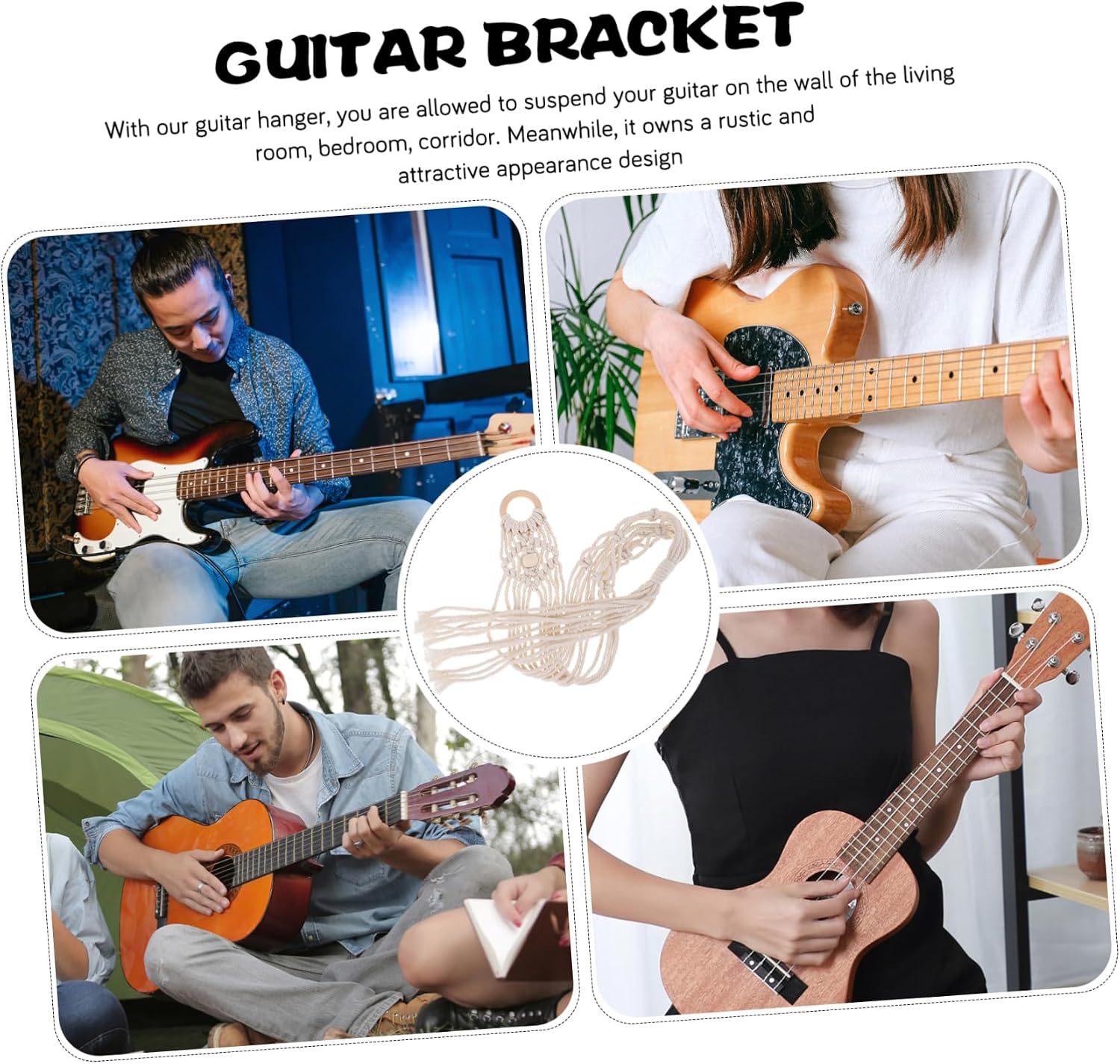 Yardwe Macrame Guitar Wall Hanger for Acoustic and Electric Guitars Adjustable Cotton Rope Holder Suitable for Wall Mounting Bohemian Style Design image 5
