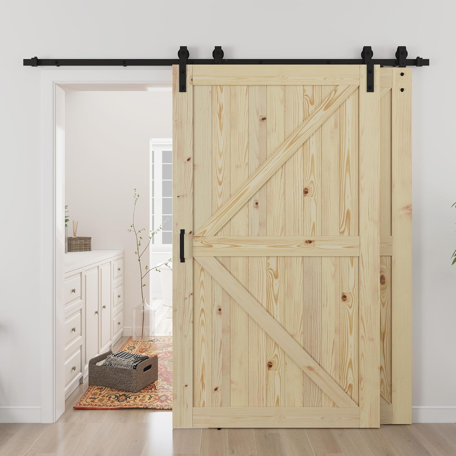 SMARTSTANDARD Double 36"x80" Bypass Barn Door with 6.6FT Track Hardware Kit Included, Unfinished Solid Wood, DIY Support, A Simple Assembly is Required