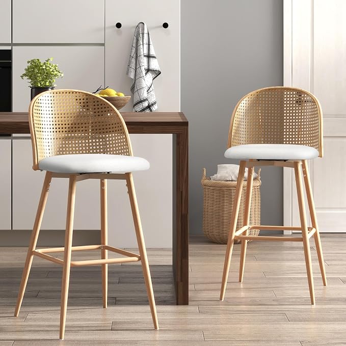 Butaco moderno con respaldo de ratán y asiento de cuero sintético miniatura 3