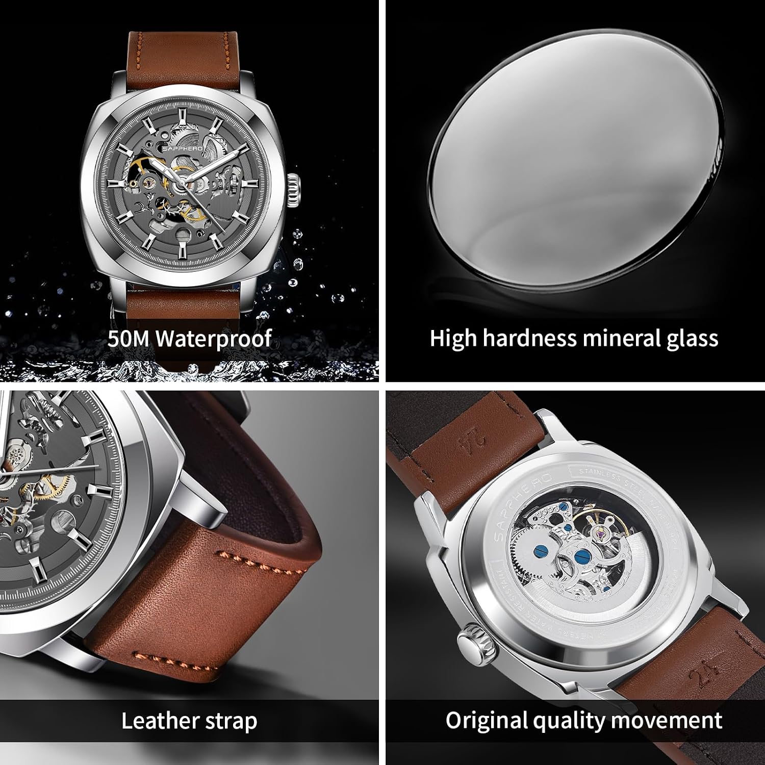 SAPPHERO Mens Watches Leather Skeleton Automatic Watches for Men