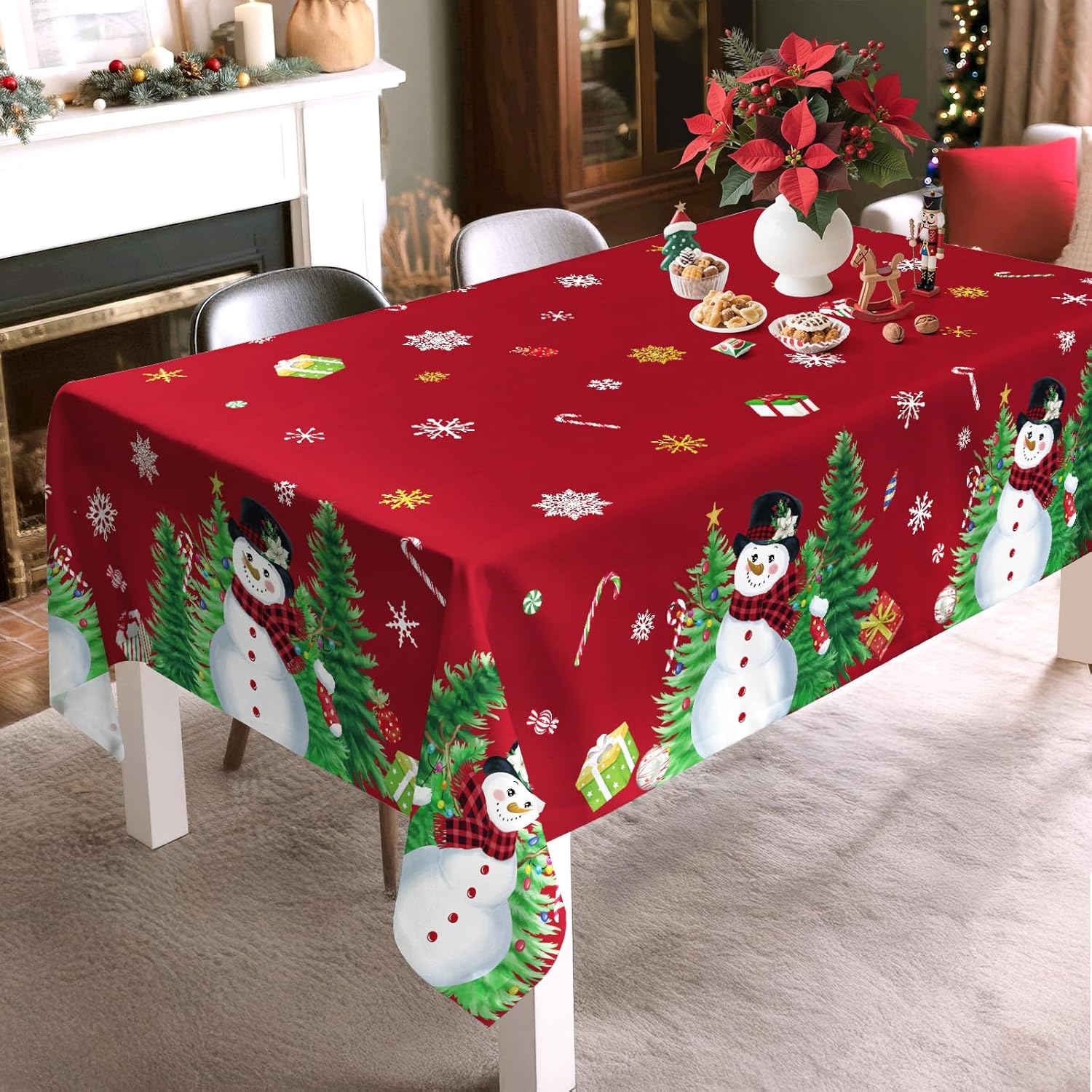 Christmas Tablecloth Waterproof, Red Snowman Snowflake Table Cloth Rectangle, Washable Table Cover for Christmas Party Home Kitchen Decoration (60×84 Inch)