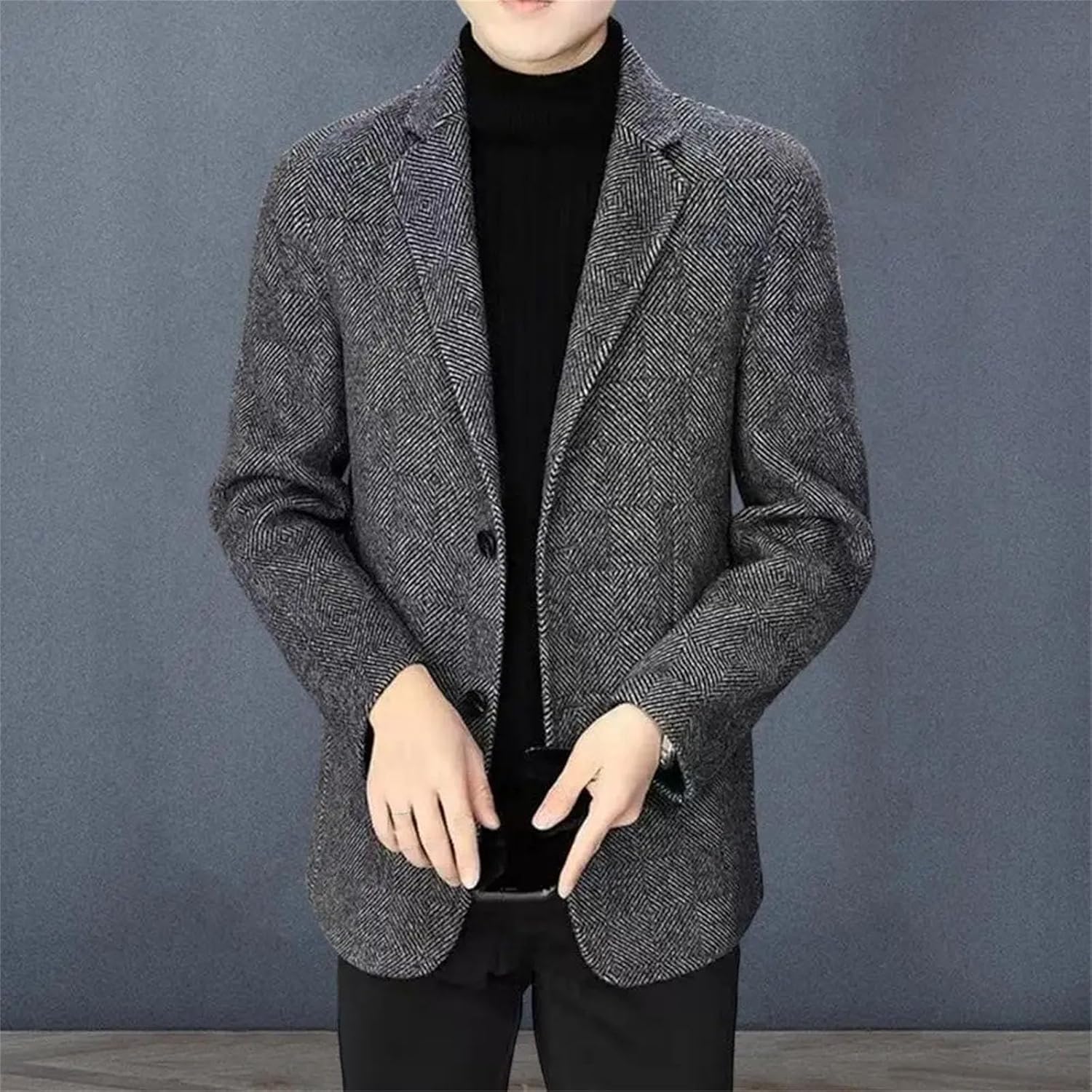 Men's Wool Suit Jacket Winter Suit Coat Slim Fit Woolen Business Top with Lapel Long Sleeve Two Button Coat