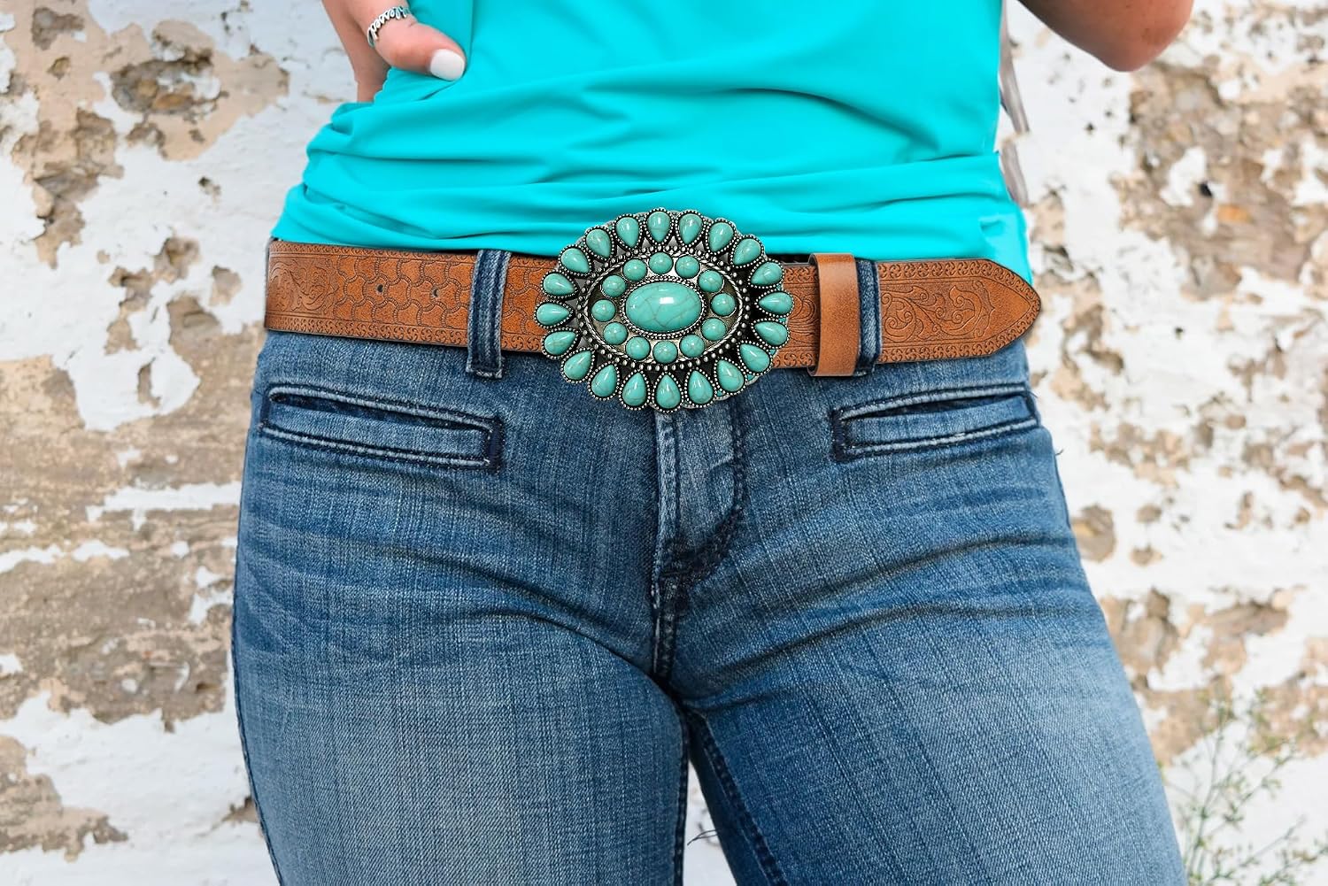 YCMI Womens Men Western Cowboy Belts Floral Engraved Engraved Buckle Adjustable Belt for Jeans Dress Skirt