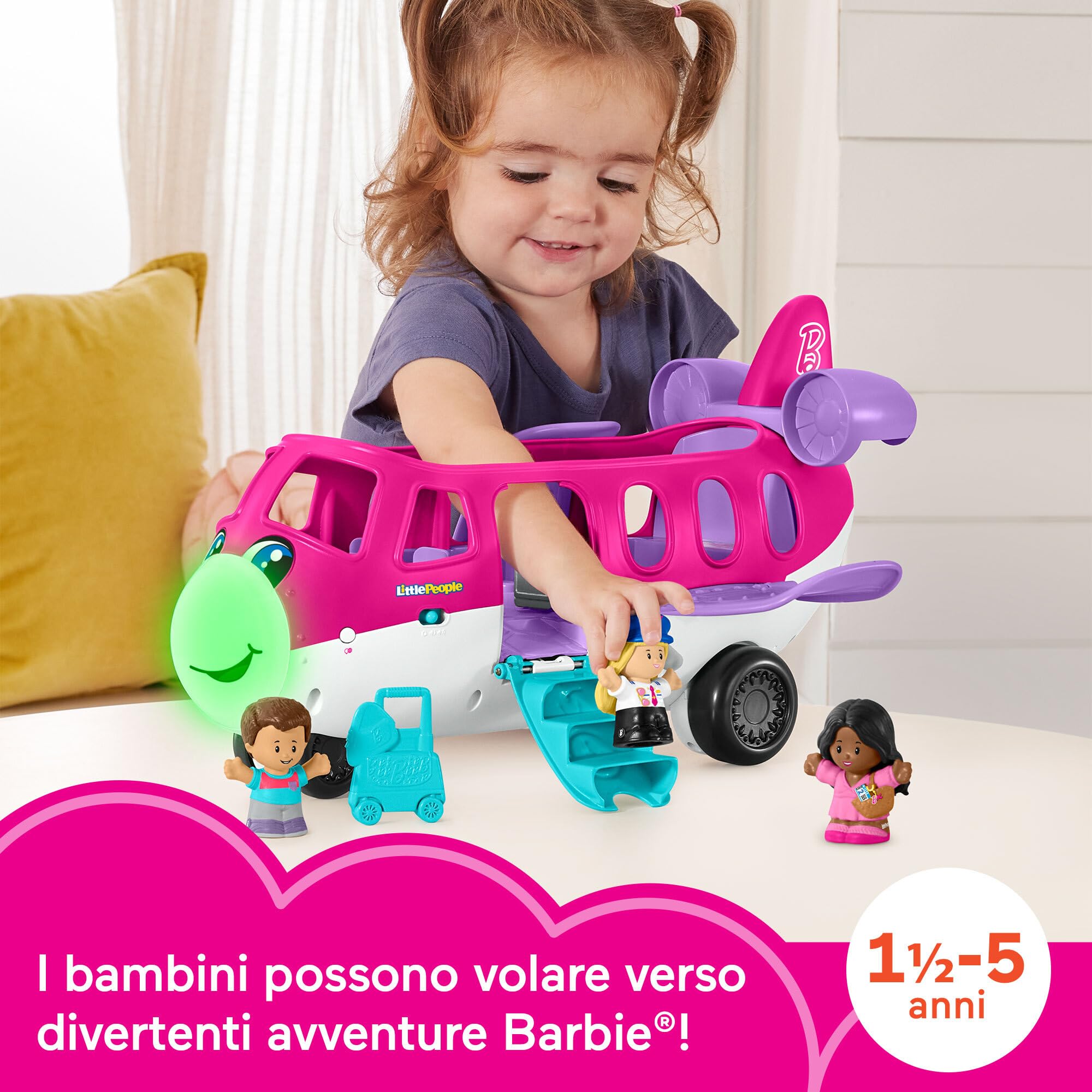 Fisher-Price Little People Barbie - Little Dream Plane, aereo con luci, suoni e scale pieghevoli, personaggi di Barbie e Ken e bagaglio, versione multilingue, giocattolo per bambini, 18+ mesi, HRC37