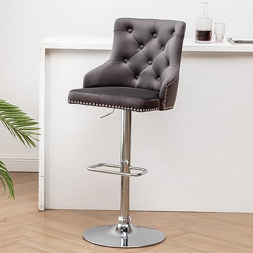 Miniatura 16 de BTEXPERT - Taburete de comedor tapizado de 25 a 33 pulgadas con respaldo alto, taburete de barra con cabeza de clavo copetudo negro (1) Borde de