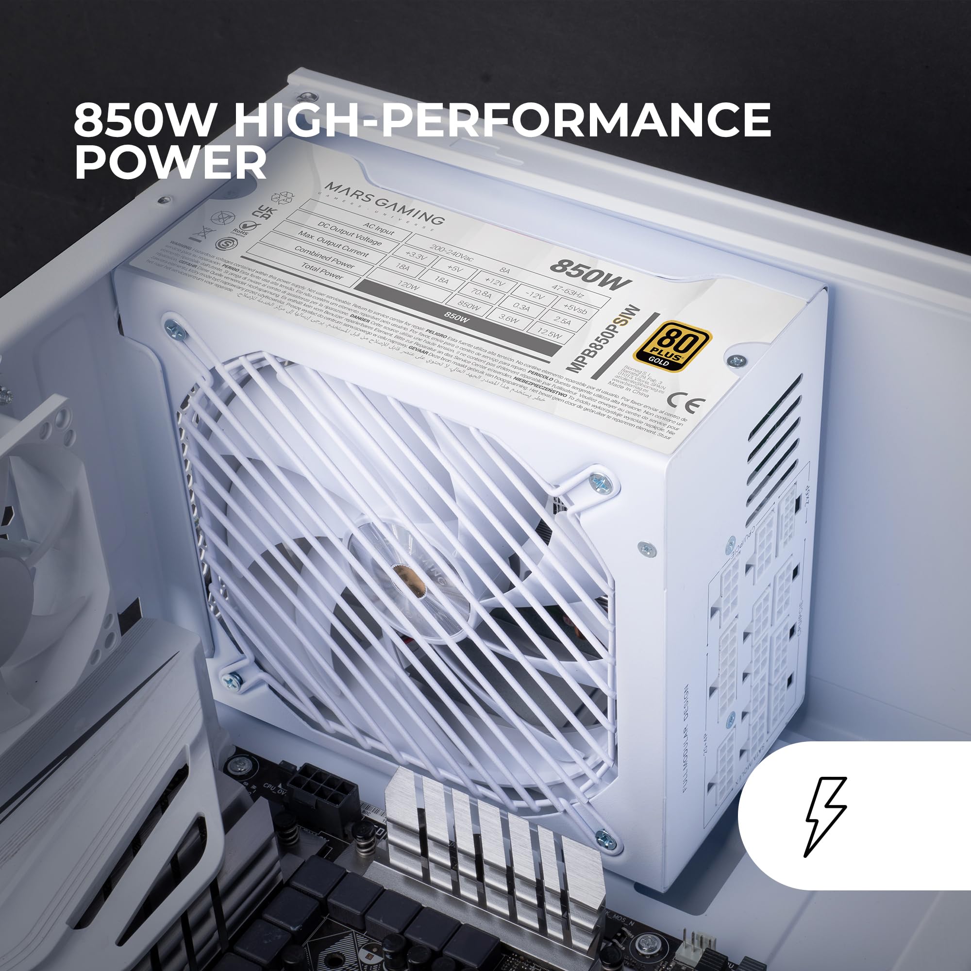 Mars Gaming MPB850PSI, Alimentatore Full Modulare ATX 850W, 10 Anni di Garanzia, 80Plus Gold 90%, Ventola SI 14cm, Tecnologia AI2-RPM, DC-DC e SMD, ATX 3.1 e PCIe 5.1, Connettore 12V 2x6, Bianco