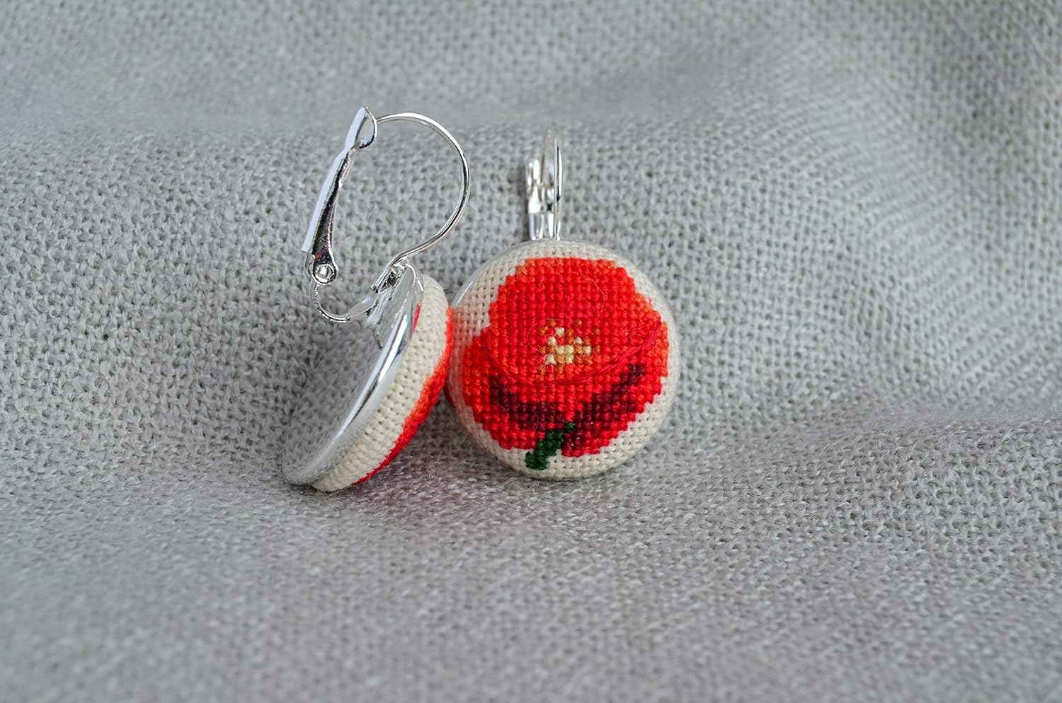 Handmade Embroidered Earrings with Red Poppy