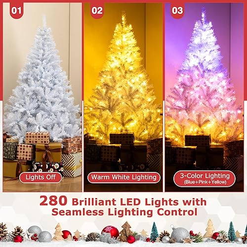 Miniatura 19 de Goplus - Árbol de Navidad artificial preiluminado de 9 pies, pino nevado articulado de PVC de alta calidad con base metálica y luces LED, decoración