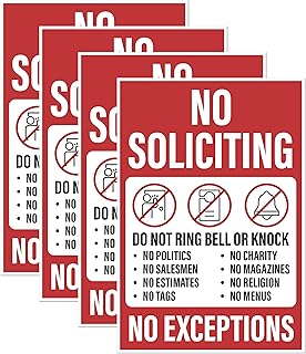 4pk No Soliciting Sticker Sign for House | No Soliciting No Exceptions Detailed Signs for Front Door or Business | Weatherproof Vinyl Decals, 3.75" x 5.5"