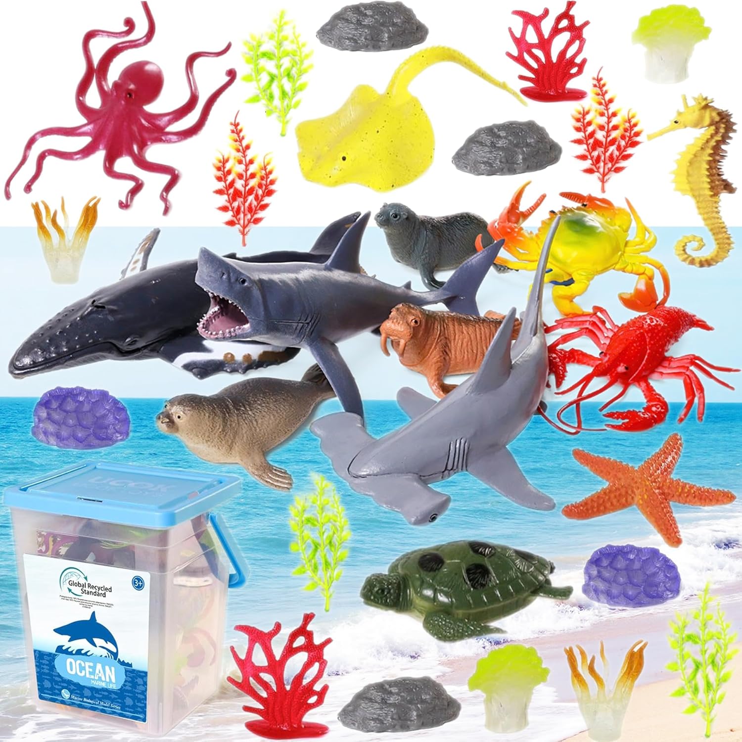 Ocean Sea Animal Figure Toys for Kids 3-5, Realistic Sea Life Figures Animal Creature Sand Toys Beach Bath Playset Include Shark Whale Corals Seagrass Crab Octopus Turtle for Toddler Boys & Girls