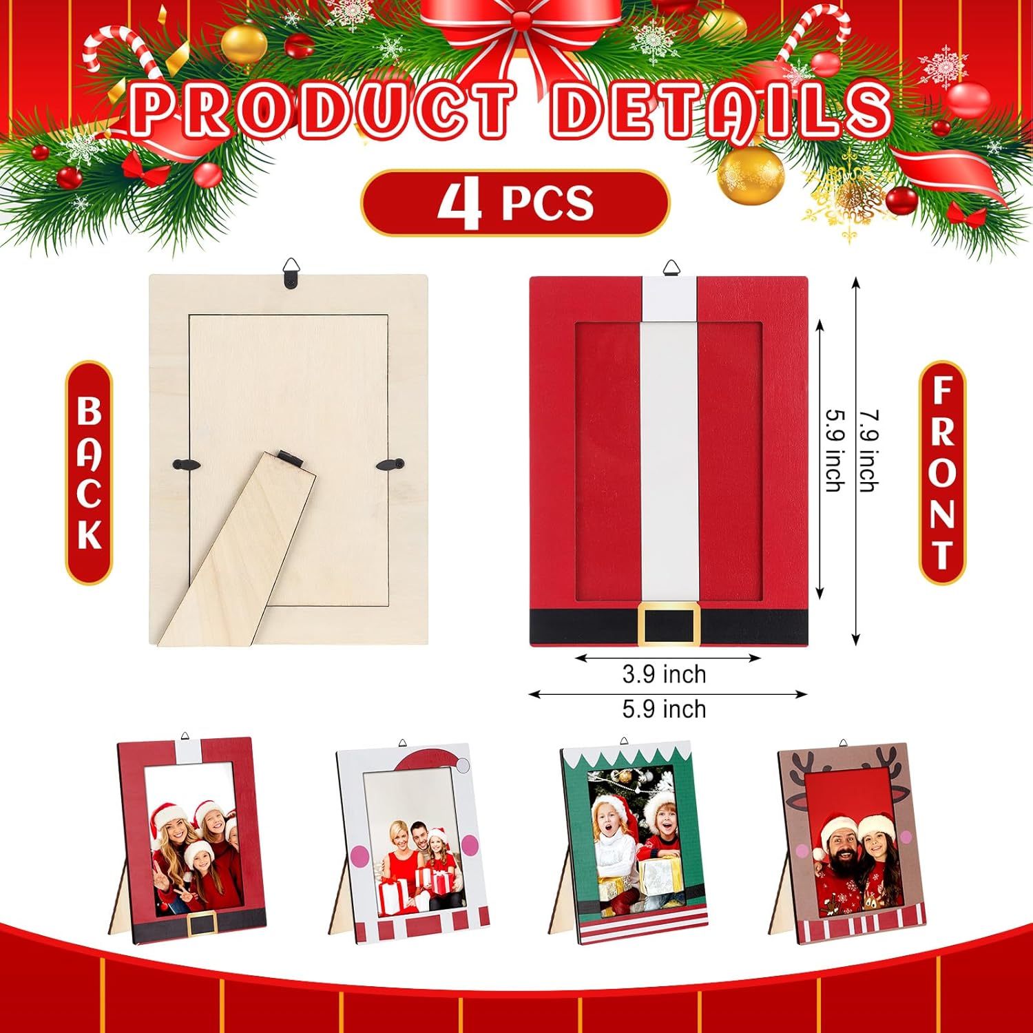 Qunclay 4 Pcs Christmas Picture Frame 4 x 6 Inch Christmas Photo Frame Santa Snowman Elf Deer Wood Photo Holders Wall Hanging Tabletop Picture Display for Xmas Family Gifts Home Party Decorations