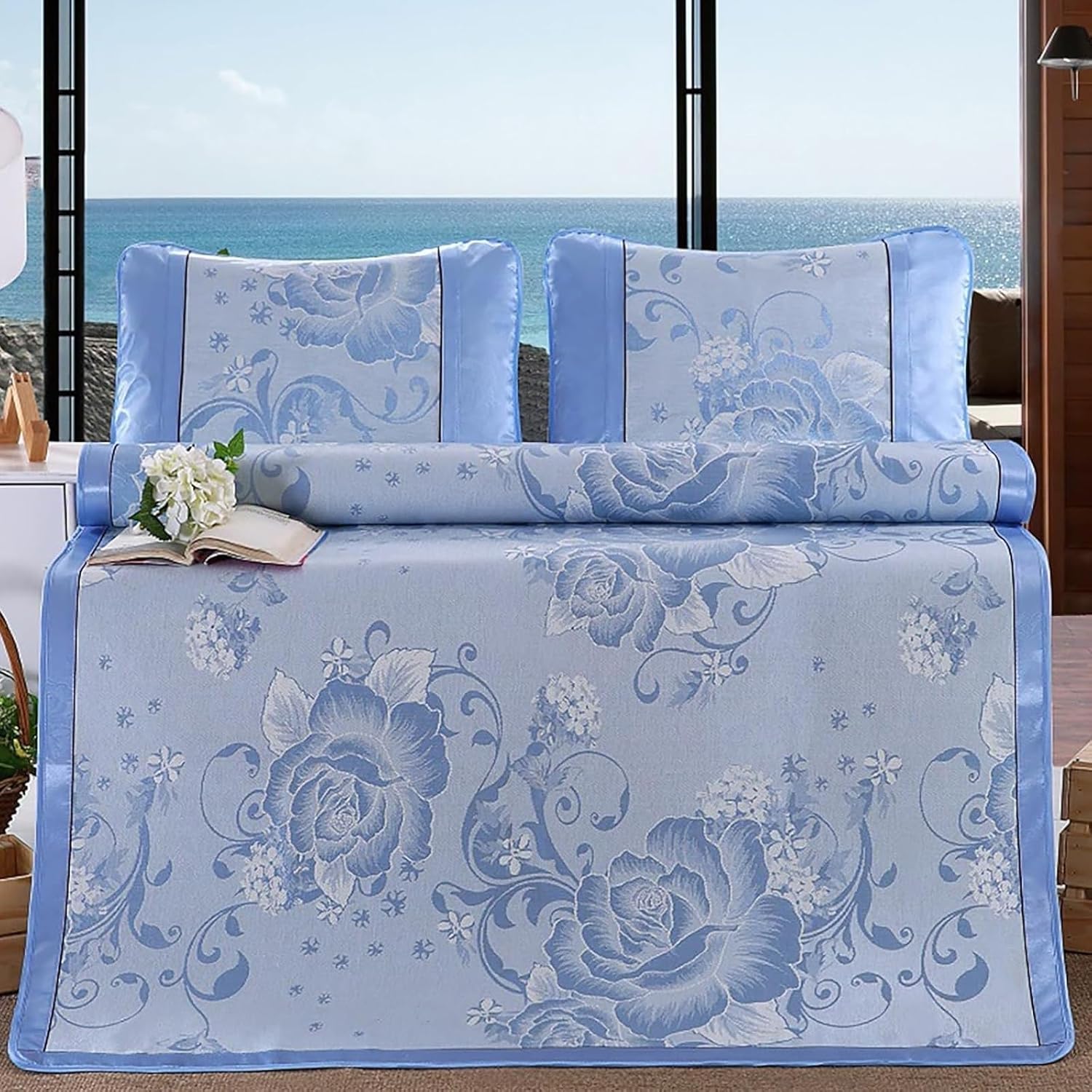Sum Mer Cool Bed Bamboo Mat, Double Sided Winter Sum Mer Cooling Straw Mat, Folding Smooth Air Conditioning Mats for Bed With Pillowcase, Cooling Mats for Bedroom, Living, Floor(Pink,180x200cm/