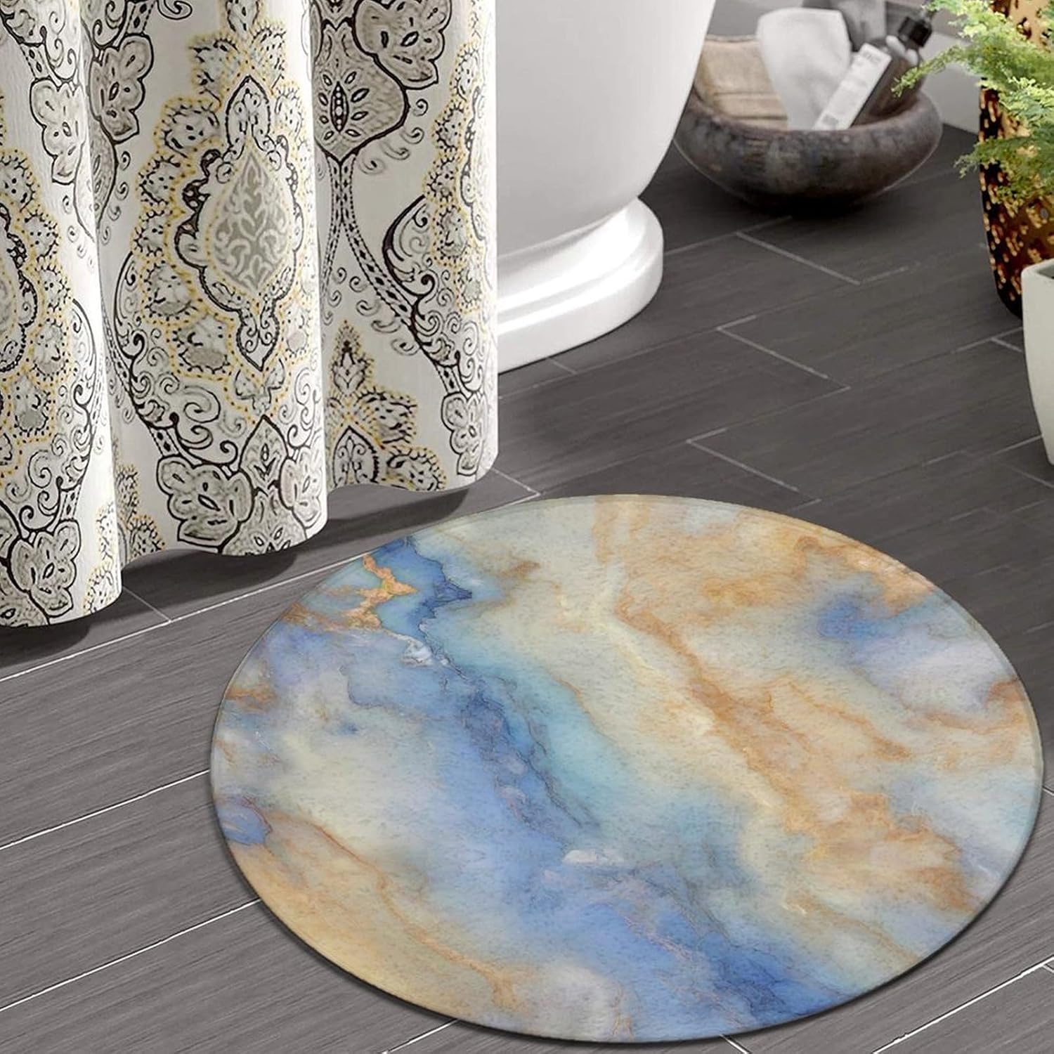 Soft and Playing Rug, Non-Slip Round Carpet Compatible with Watercolor Blue White Gold Marble, Funny Bedroom Chair Floor Decor Rugs, Indoor/Outdoor Water Absorb Pad, 60 Inches