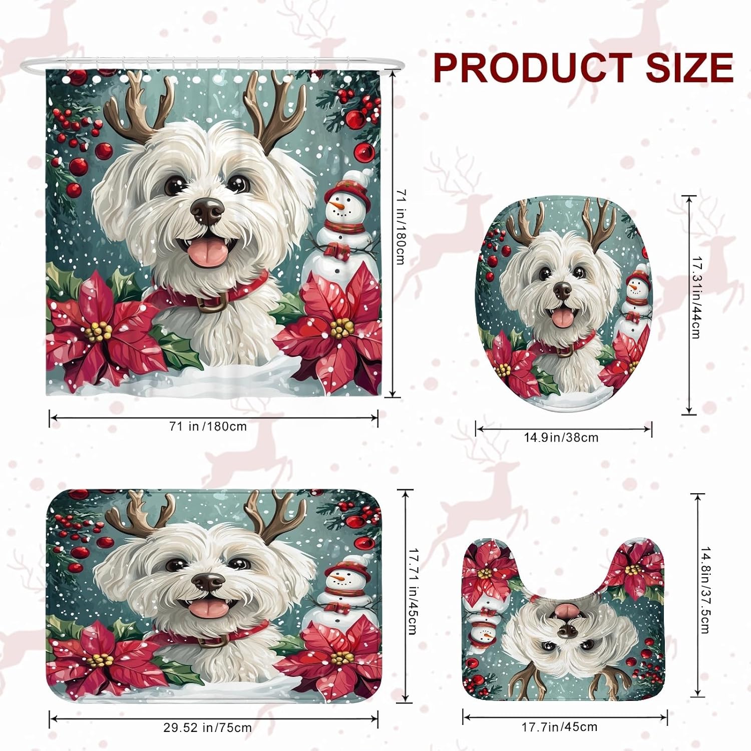 4PCS Winter Christmas Maltese Dog Bathroom Sets, Bath with Non-Slip Rug, U Shape Toilet Lid Cover Mat, Snowman Xmas Puppy Pet Bathroom Decor-72''x72''