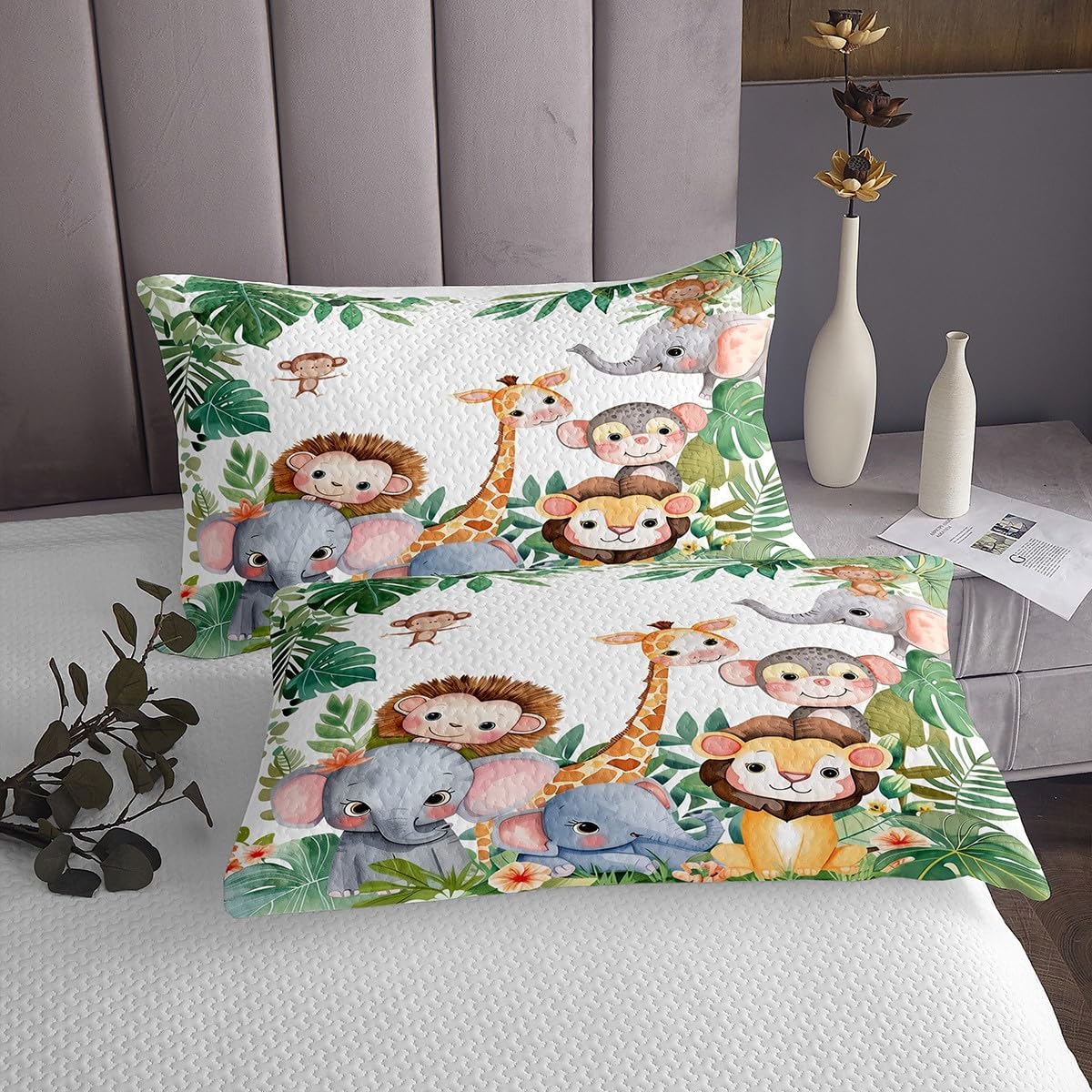 Erosebridal Kawaii Lions Queen Bedspread Set, Cute Giraffe Monkeys Soft Coverlet Set & Bedspread for Kids Boys Girls, Wildlife Elephants Quilt Bedding Sets for Bedroom, Trees Animals Bedding Sets