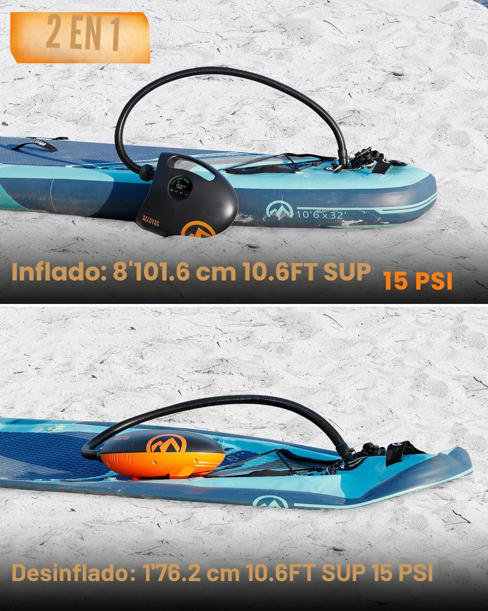 OutdoorMaster Bomba de aire SUP recargable de alta presión de 20 PSI, 88.8 Wh, tiburón eléctrico 2S, apagado automático y desinflación, entrada de 12 V CC y tipo C, para tablas de remo inflables,