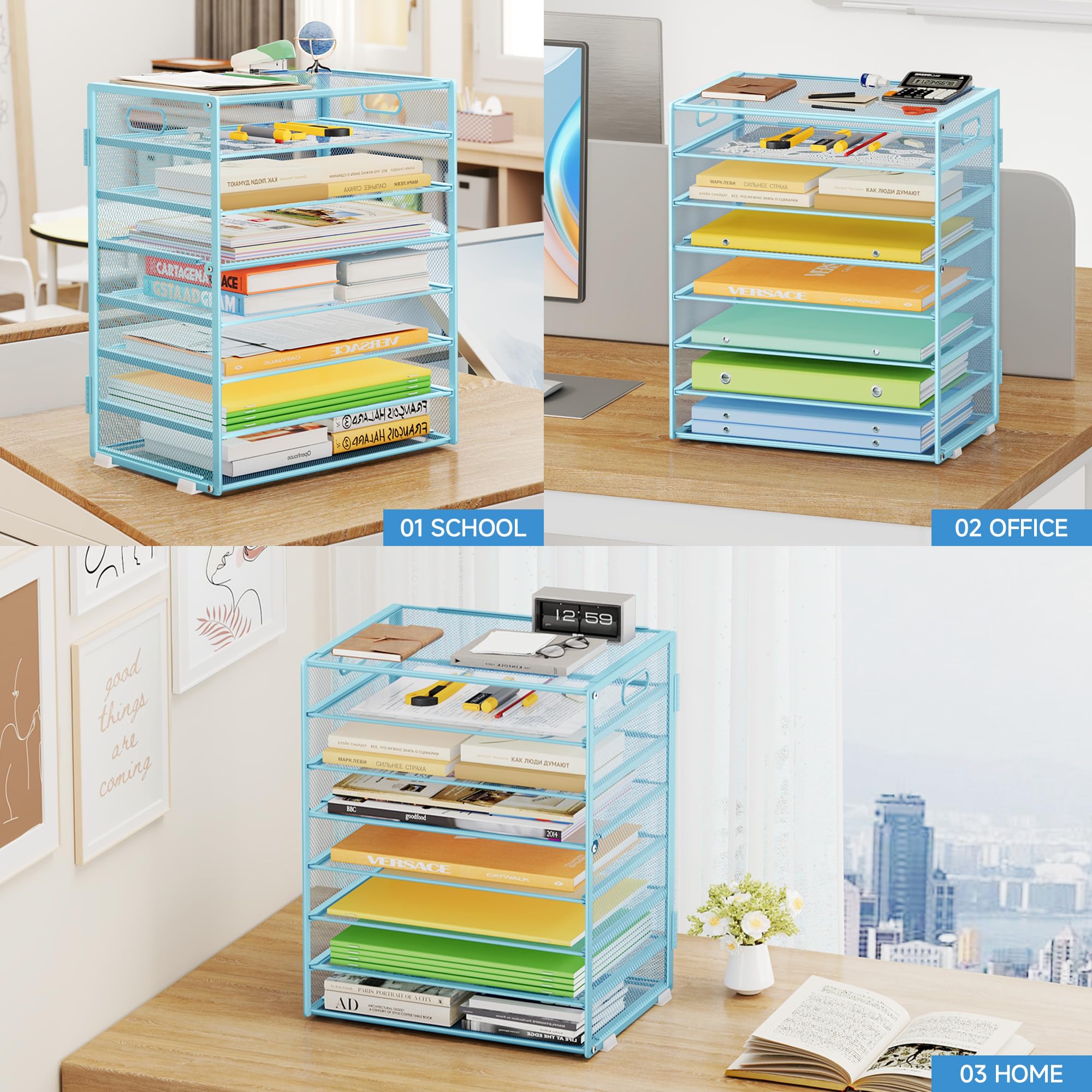 Marbrasse Schreibtisch Organizer Ablage,8-Tire Papierablage Ablagefächer Stapelbar Dokumentenablage,Metall Schreibtischorganizer für Briefablage,Ordner,Büromaterial,Home Office (Blau)
