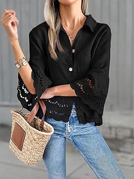 Cicy Bell Womens 3/4 Bell Sleeve Button Down Shirts Casual Ruffle Cicy Bell Womens 3/4 Bell Sleeve Button Down Shirts Casual Ruffle