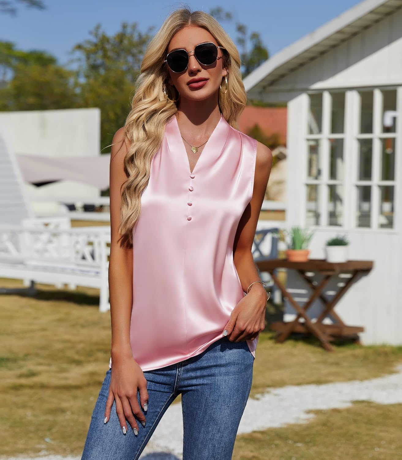 Womens Silk Satin Dressy Tank Tops V Neck Sleeveless Blouses Summer Business Casual Shirts - Image 4