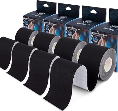 4 Pack Kinesiology Tape for Sports Athletes - 16 FT Waterproof Athletic Tape for The Knee, Elbow and Shoulder Muscles, etc.5m X 5cm Black