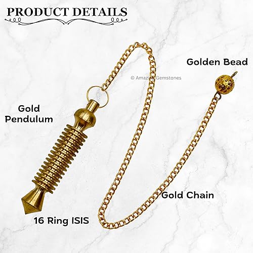 Miniatura 4 de Amazing Gemstone Ibrahim Karim - Péndulos universales de metal curativo para adivinación, BG16 de oro, 16 anillos ISIS, péndulo de acero y cobre,