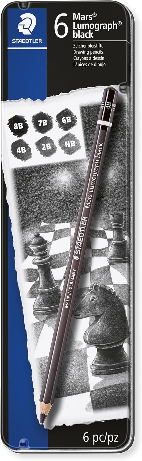 STAEDTLER Mars Lumograph Black Drawing Pencils Set: 6 Pack Carbon Blend for Deep Black Tones, Professional Artists Pencils, 8BHB Grades, Storage Tin, For Sketching, Shading & Fine Art Drawing
