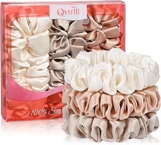 Silk Hair Ties 3 Pack 6A 100% Mulberry Silk Scrunchies 22 Momme Small Sleep Ties and No Damage No Crease for Women Girls Curly Thick Thin Hair, Sample Fabric Provided (Coral & Light Brown & Beige)