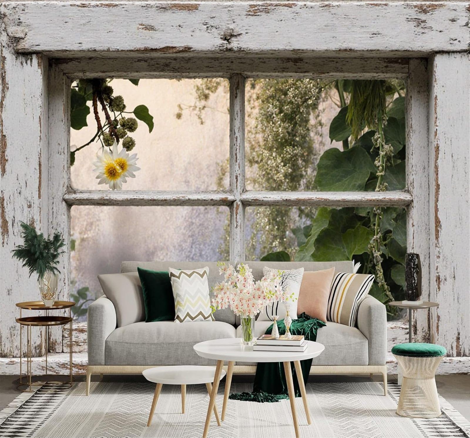 Papier peint fleurs blanches style champêtre pour salon et chambre
