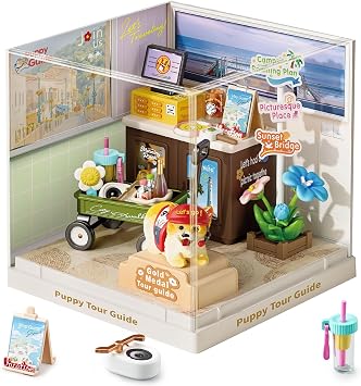 Puppy Tour Guide Travel Super Miniature House Kit - DIY Plastic 3D Model Building Set for Teens, Build Your Own Corgi Travel Scene with Dustproof Case, Creative Craft Gift for Girls Women