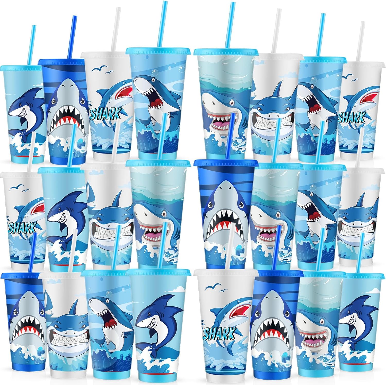 Qilery 24 Pcs Shark Cups with Lid Straw Ocean Shark Party Favors 24 oz Plastic Drink Cups Reusable Tumblers Bulk Water Bottle for Birthday Gifts Ocean Animal Theme Party Supplies