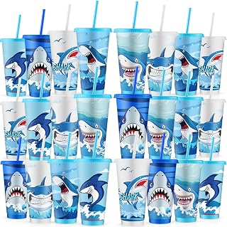 Qilery 24 Pcs Shark Cups with Lid Straw Ocean Shark Party Favors 24 oz Plastic Drink Cups Reusable Tumblers Bulk Water Bottle for Birthday Gifts Ocean Animal Theme Party Supplies