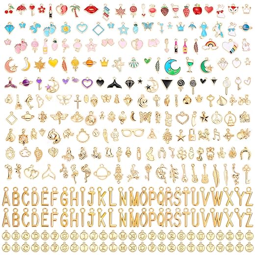 Flasoo 304Pcs Gold Charms for Jewelry Making, Assorted Bracelet Letter Charms for DIY Jewelry Making Necklace Bracelet, Keychains and Crafts