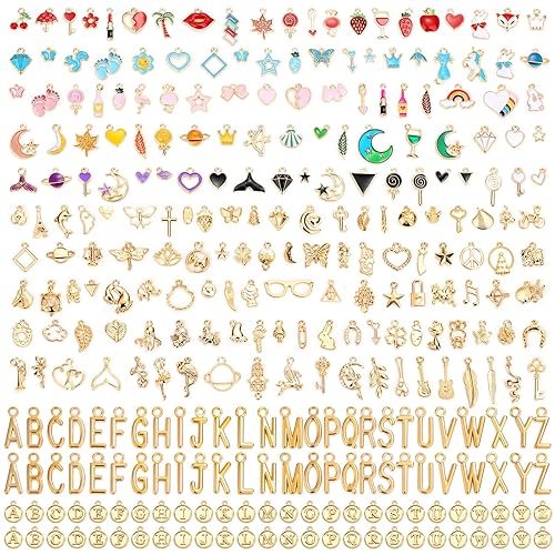 Flasoo 304Pcs Gold Charms for Jewelry Making, Assorted Bracelet Letter Charms for DIY Jewelry Making Necklace Bracelet, Keychains and Crafts