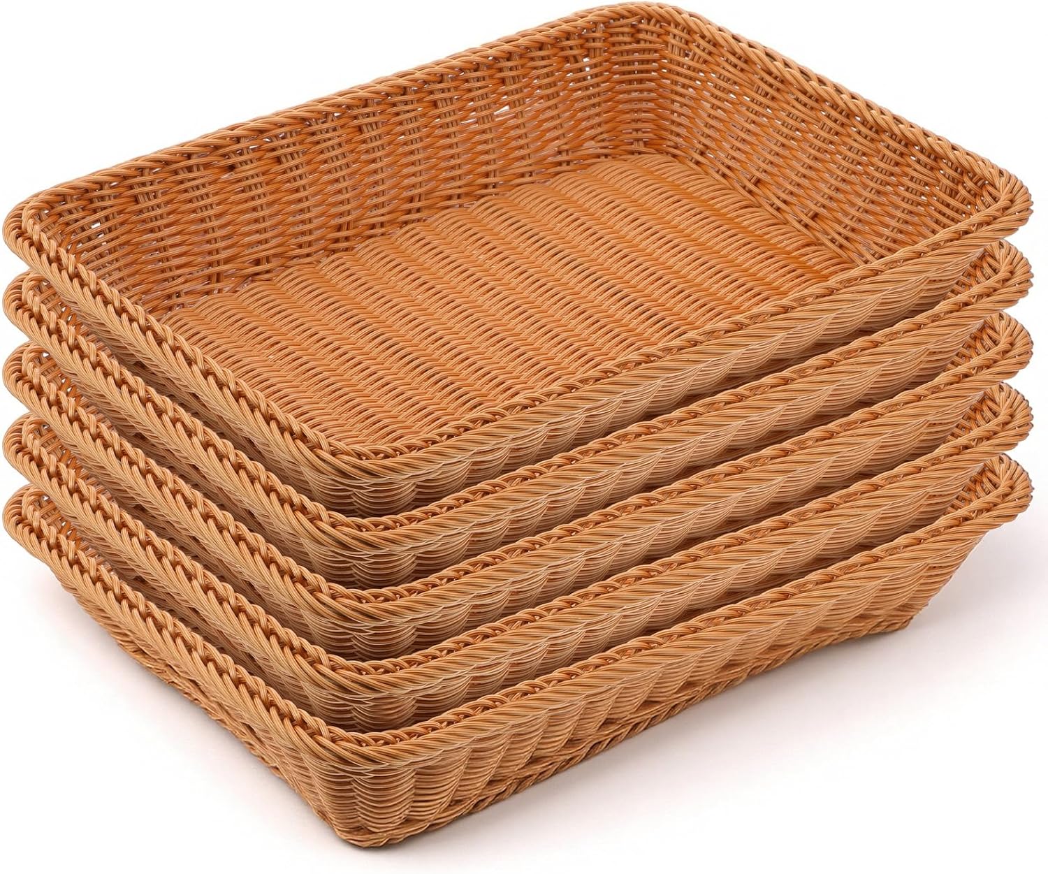 5 Pack 15.8 Inch Large Wicker Bread Baskets, Brown Woven Serving Basket Trays for Food, Bread, Fruits, Vegetables, Snacks - PVC Rattan Display for Restaurant & Home