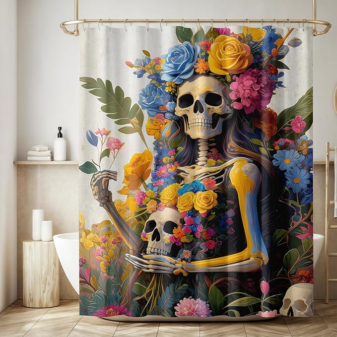 Gothic Skull Flower Shower Curtain Hallowwen Sugar Skulls with Colirful Floral Leaves,Woman Girl Fabric Bath Curtain Bathroom Accessories 70'Wx 70'H