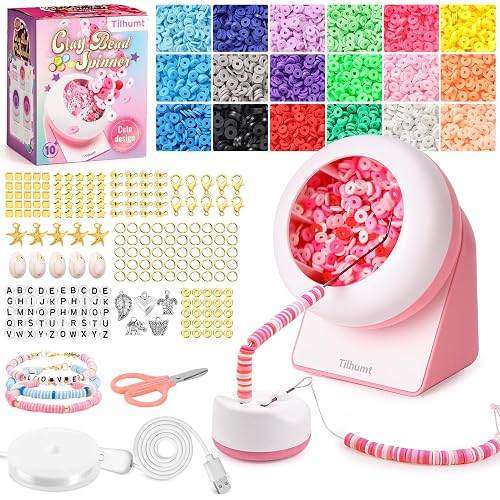 Tilhumt Bead Spinner, 3824Pcs Beading Set for Making 28 Friendship Bracelets, Bracelet Making Kit with 18 Colors Polymer Clay Beads, Crafts for Birthday Gift Choice, Patent Design - Corded 3824Pcs Pink Kit