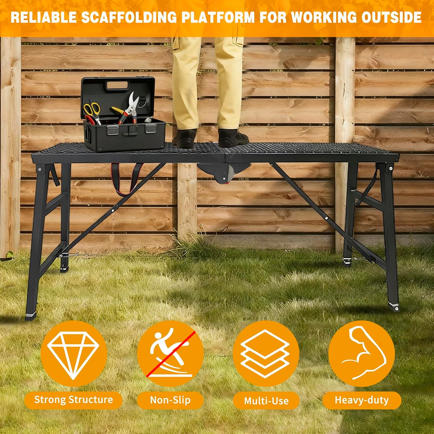 Scaffolding Work Platform, 29.9" to 47.2" Height Adjustable Work Platform, Foldable Scaffold for Building Construction, Interior Painting, Home Improvement（450LBS Capacity, Black,5 Heights Options)