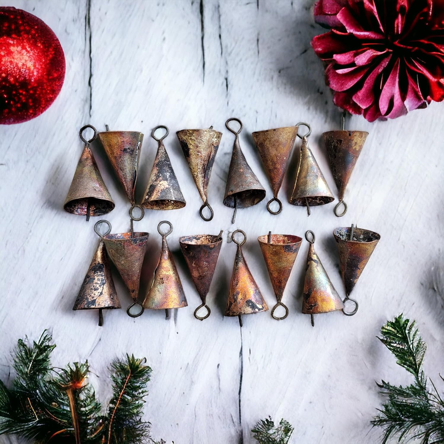 Mango Gifts Handmade Rustic Iron Metal Vintage Cone Shaped Cow Bells | Set of 16 Antique Finish 2" Jingle Bells with Jute Twine for Rustic Charm & Festive Decor