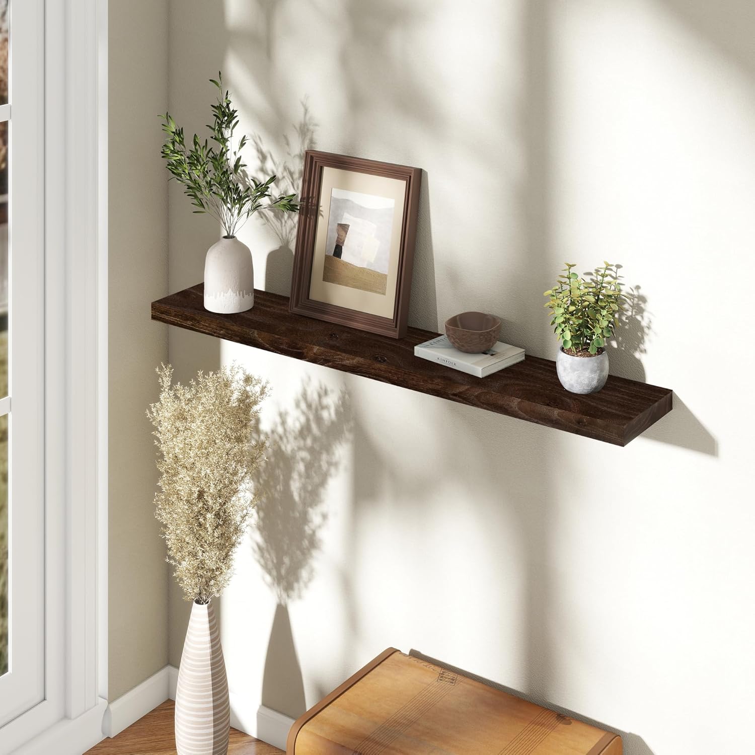 48 Inch Floating Shelves, Rustic Elm Wood Wall Shelves for Farmhouse, Bedroom, Kitchen, Wall-Mounted Long Floating Shelf Heavy-Duty Bracket, Solid Wood Shelf Set of 1 for Home Decor Display, Walnut