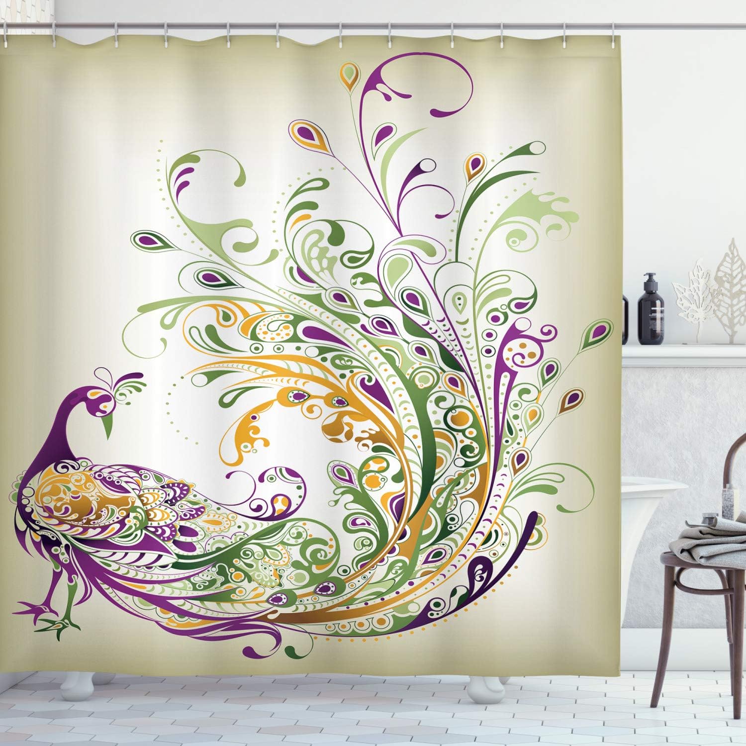 Ambesonne Abstract Shower Curtain, Peacock Bird Tail Feathers Plume Paisley Pattern Ornamental Design, Cloth Fabric Bathroom Decor Set with Hooks, 69" W x 70" L, Marigold Purple