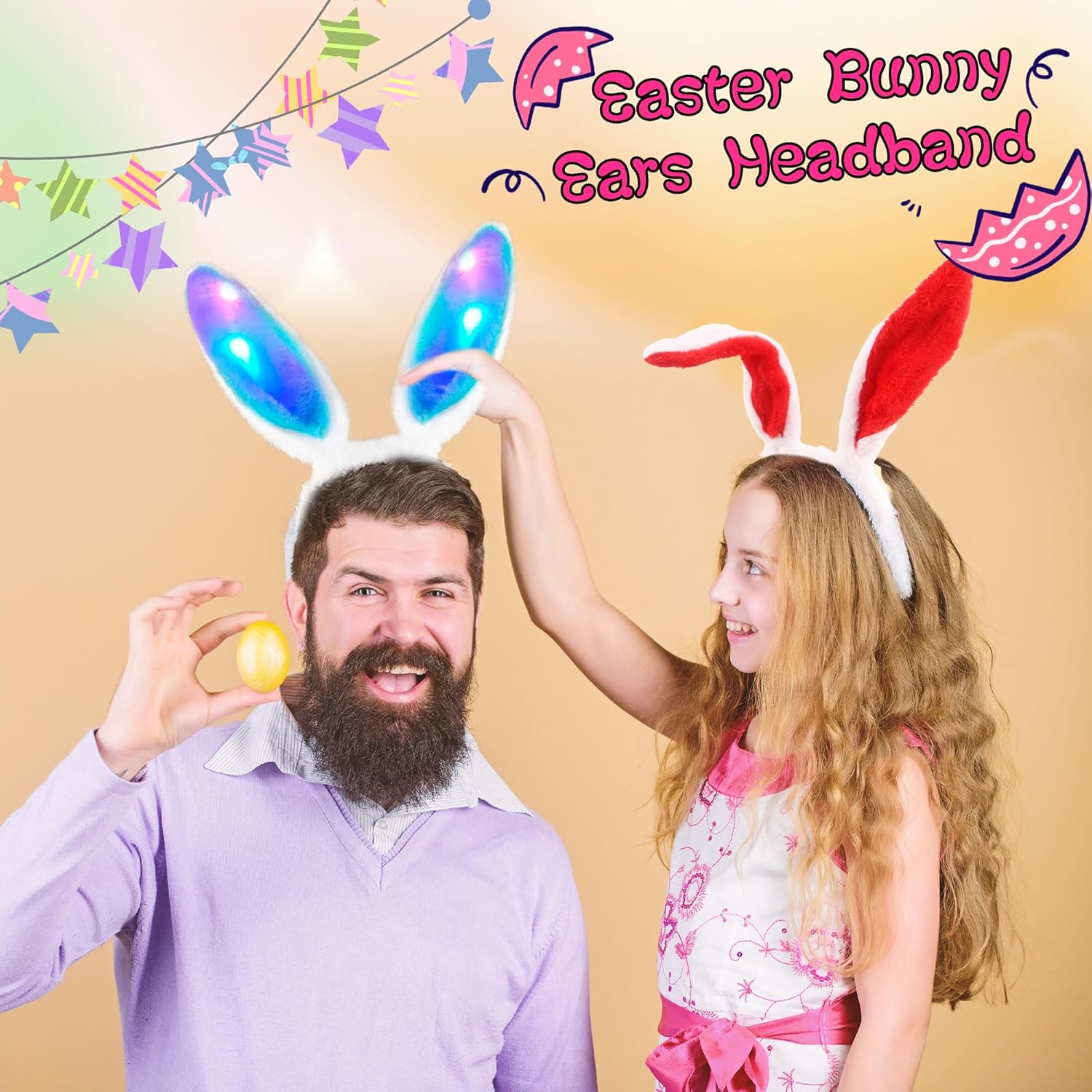 12 Pack Bunny Ear Headband Include 6 Pcs Light Up Easter Rabbit Ears Hair Hoop and 6 Plush Bunny Ear for Easter Cosplay Party Dress up Accessories, 6 Colors