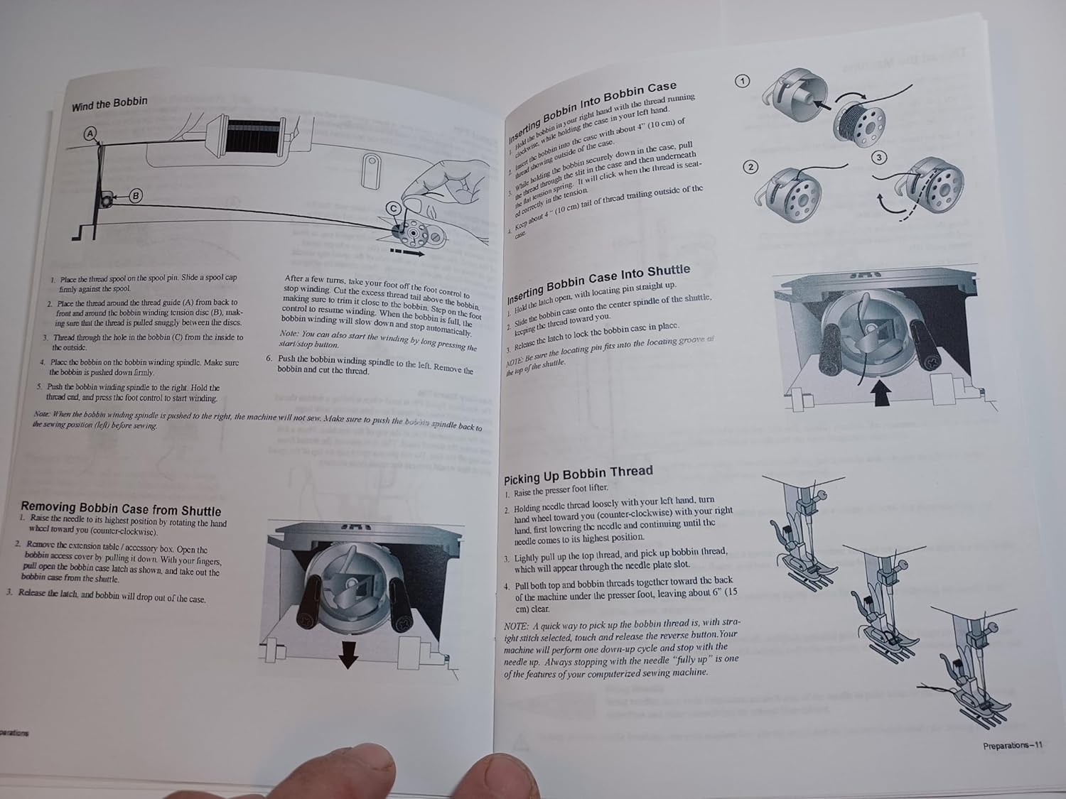 Diagrams for bobbin winding, insertion, and thread pickup