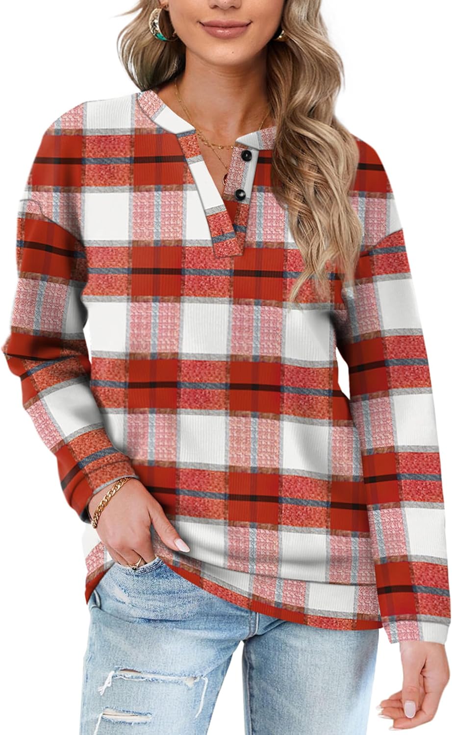 OFEEFAN Womens Casual Sweatshirts Henley Button Up Long Sleeve Tunic Tops