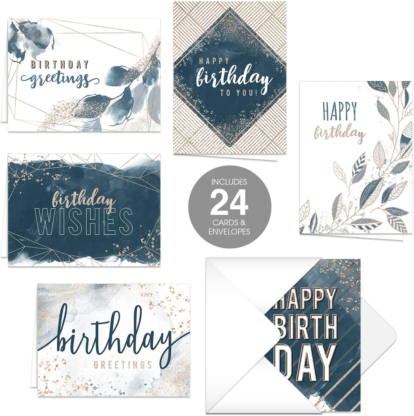 モダンネイビーとゴールドトーンバースデーカードパック 6 1/4インチ x 4 5/8インチ カード24枚 封筒付き 6種類のデザイ