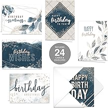Canopy Street Modern Navy And Gold Tone Birthday Cards / 24 Birthday Greeting Cards With White Envelopes / 4 5/8" x 6 1/4" Note Card Pack / 6 Gender Neutral Day Of Birth Wishes Designs