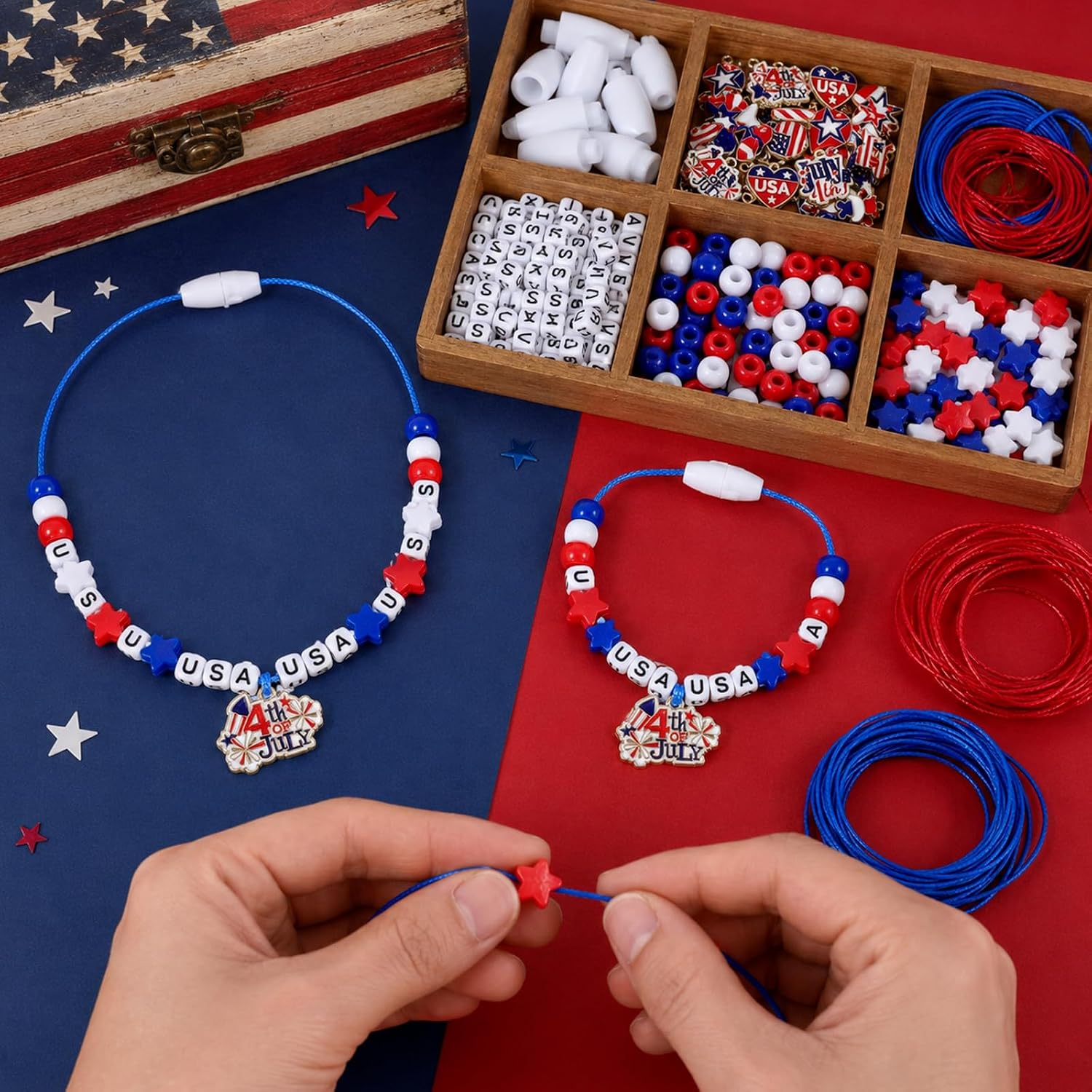 Chzhwlc 4th of July Kids Patriotic Jewelry Craft Kits Red White Blue DIY Patriotic Bracelet Making Set with USA Letter Beads, Flag Charms and Bags for Independence & Memorial Day Party Activities