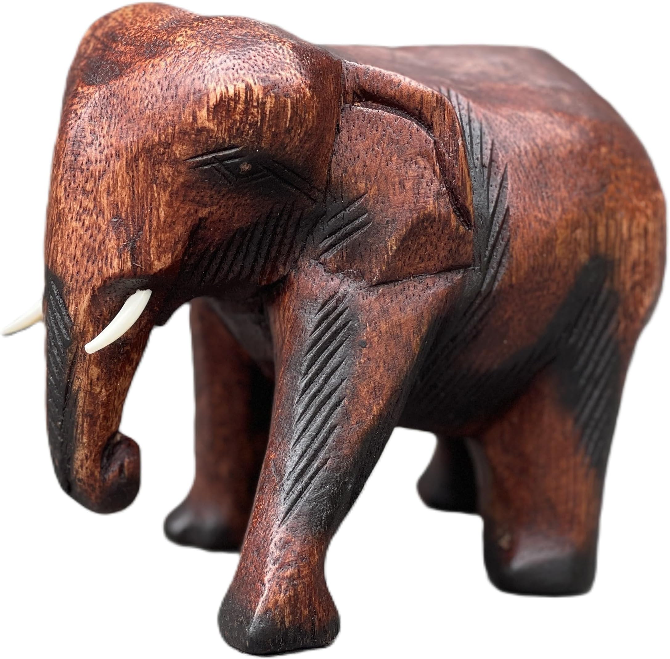 Hand Carved Wooden Elephant Statue - Wood Elephant Carving from Thailand - Feng Shui Elephant Figure - Brown, 5 Inches Long
