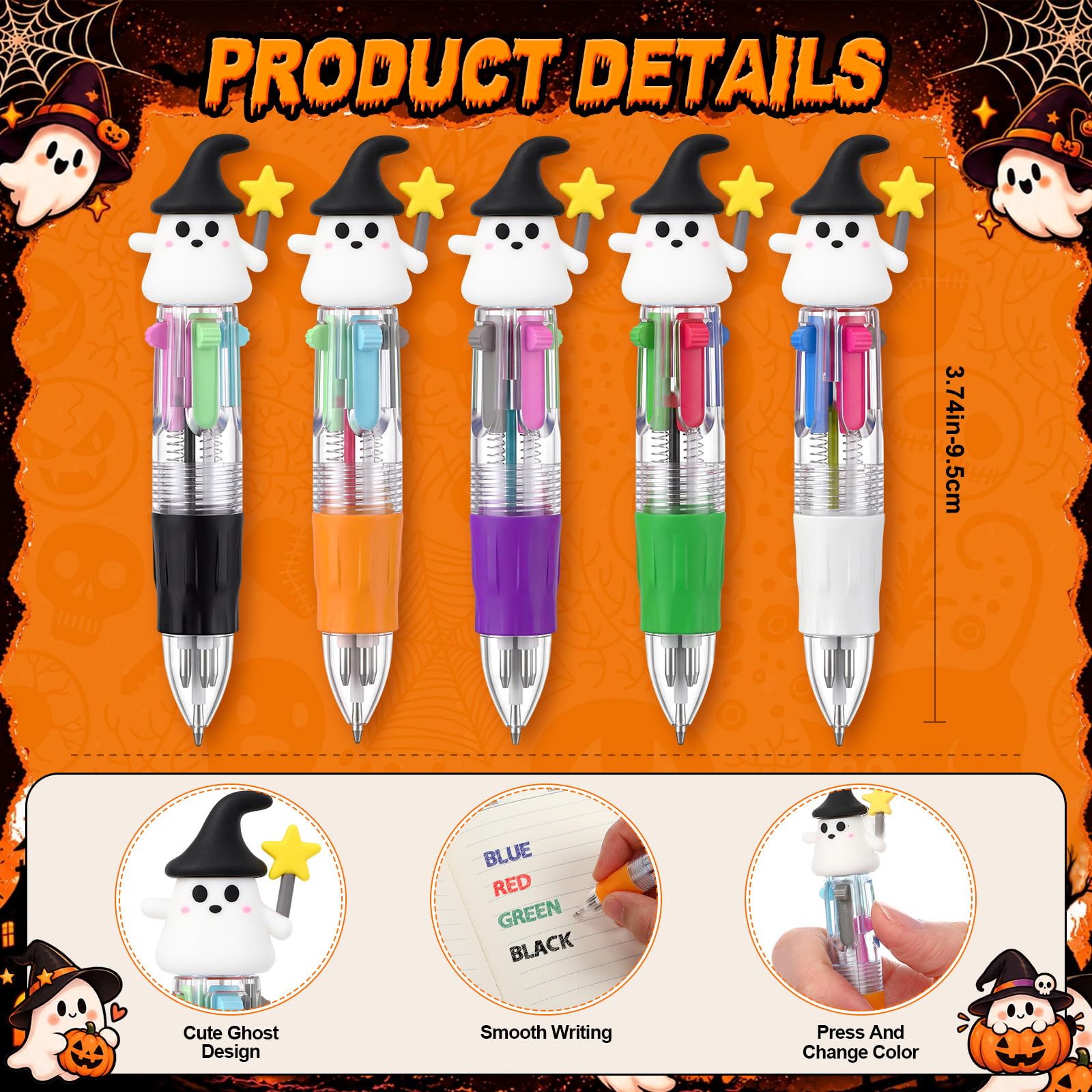 Epakh Set di 100 mini penne a sfera multicolore per Halloween, 4 in 1, Boo