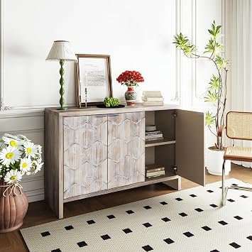 46.25" Buffet Cabinet with 3 Door, Farmhouse Sideboard Cabinet with Shelves, Wooden Coffee Bar Accent Cabinet, Storage Cabinet for Kitchen, Living Room, 3 Door