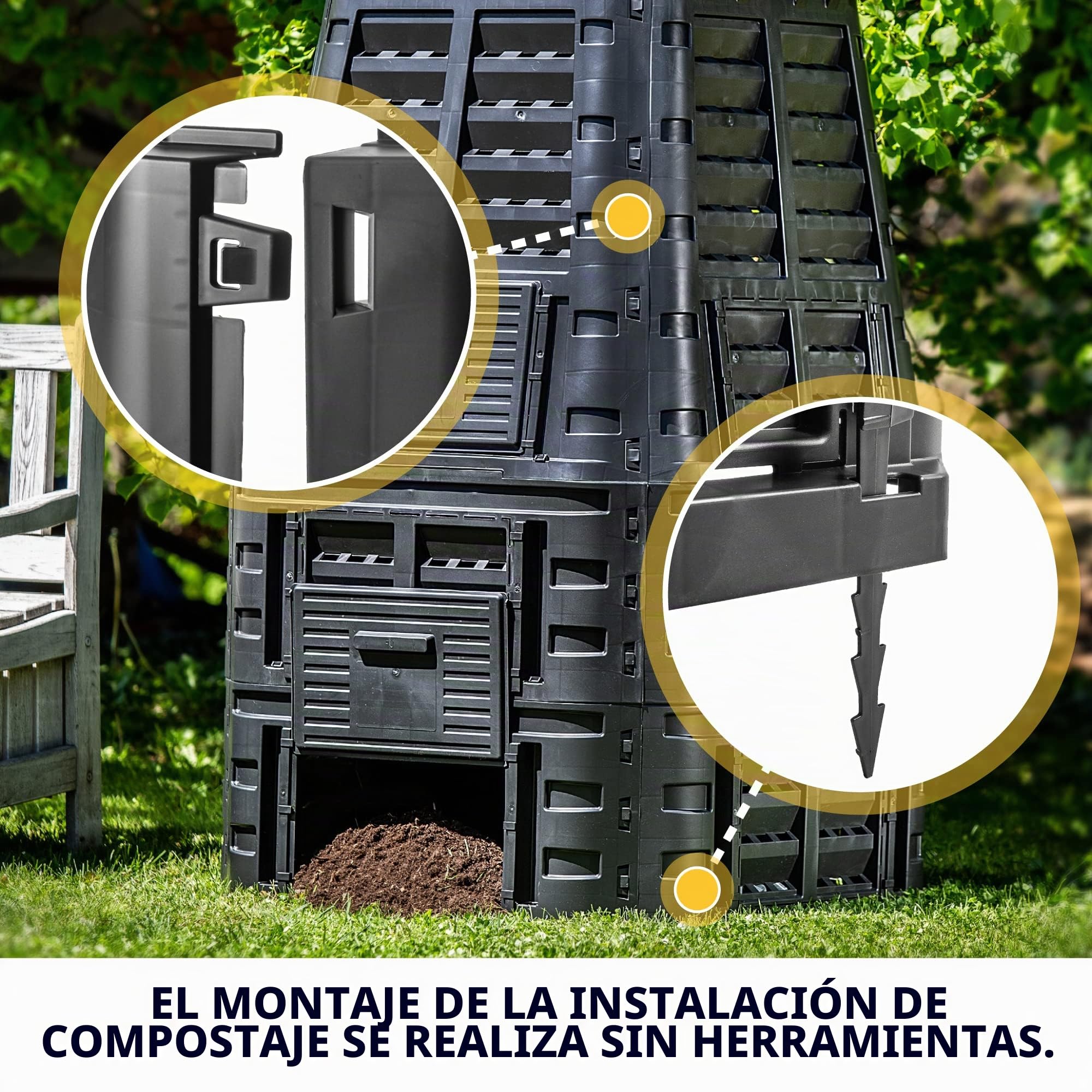 KADAX - Compostador de jardín 1000L, una solución ecológica y práctica para transformar sus residuos orgánicos en fertilizante natural, bandeja de compost (Negro)